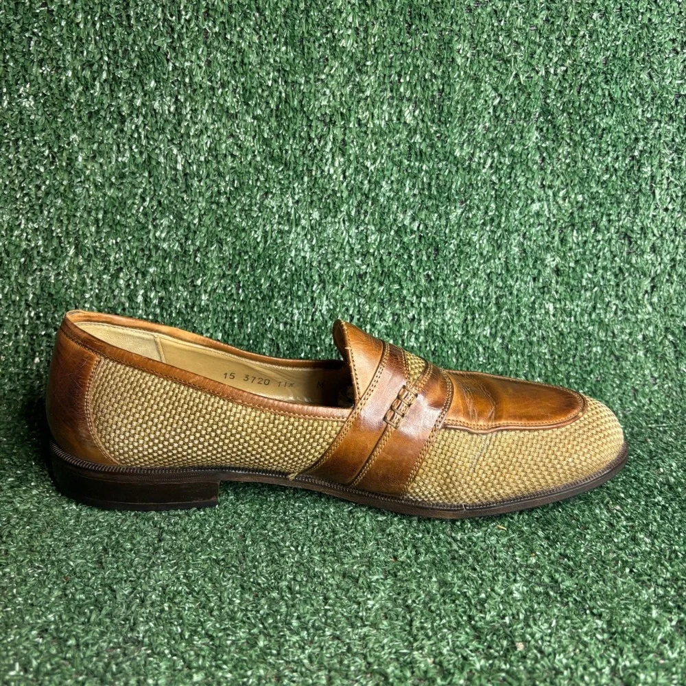Johnston & Murphy‎ Cellini Woven Leather Penny Loafers Dress Shoes Tan Mens 11.5